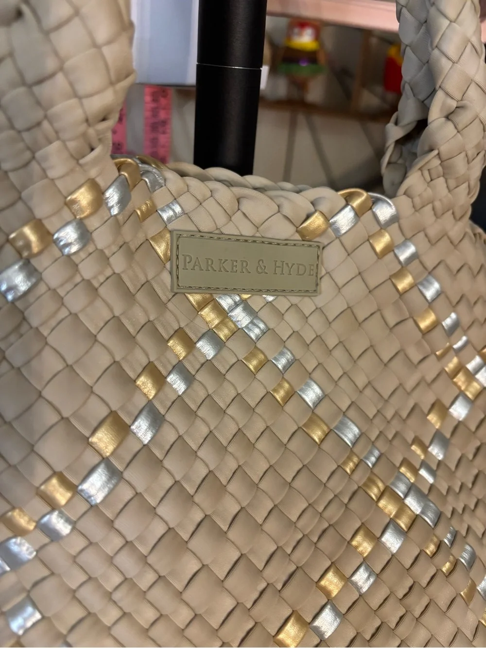 Parker & Hyde Beige Metallic Woven Tote Bag and Strap